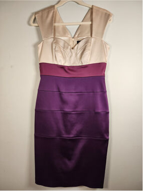 JAX Colorblock V-Neck Sheath Dress Size 10 Cream Burgundy Tiered Midi